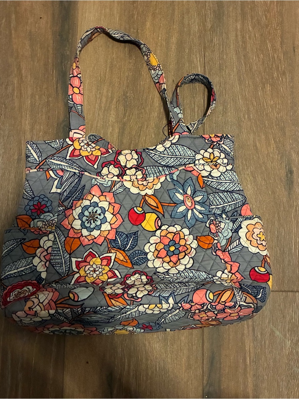 Vera Bradley Quilted Floral Tote in Gray with Coral, Yellow & Blue Accents